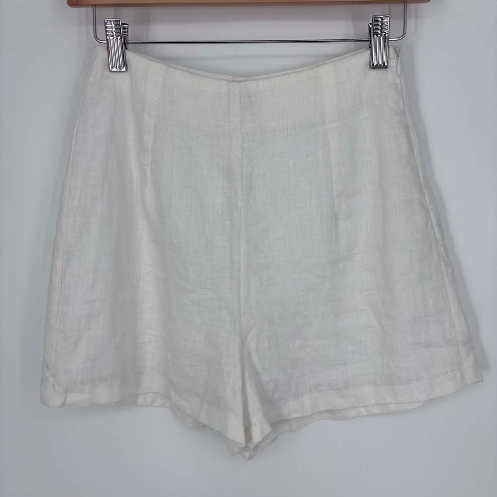 DISSH White Linen High Waist Lined Shorts Womens 2 Side Zip Mini Coastal Neutral